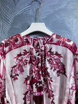 High Quality Luxury Women Porcelain Print Belted 100% Silk Blouse In Red Big Size Runway Fashion