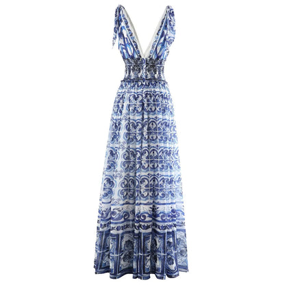 HIGH QUALITY Summer Holiday Women Maxi Dress With V-Neck Elastic Waist Blue And Porcelain Print For Party