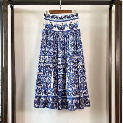 HIGH QUALITY Luxury Fashion Women Blue&White Porcelain Print Off Shoulder Top and Maxi Skirt Summer Set For Female