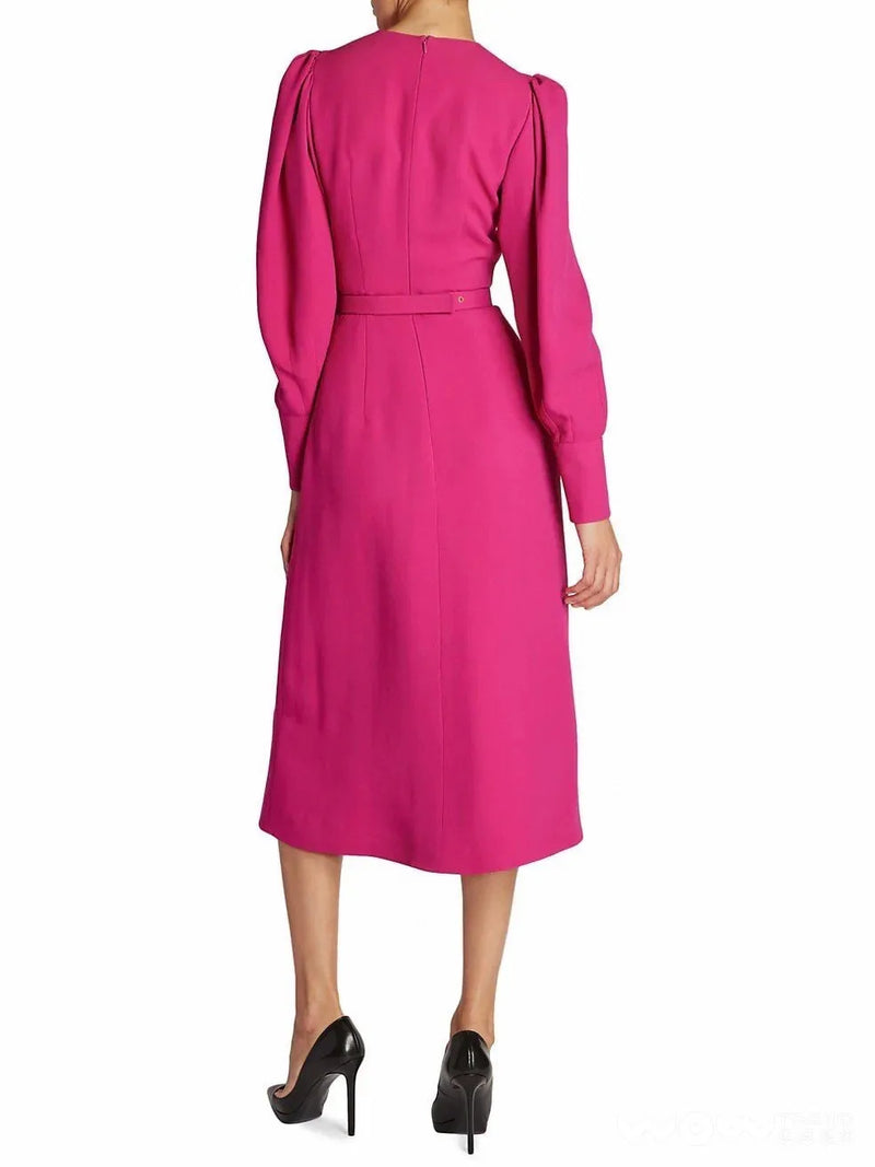 Elegant Women's Pink Crystal-Belted Puff-sleeve Midi Dress High Quality Designer Inspired