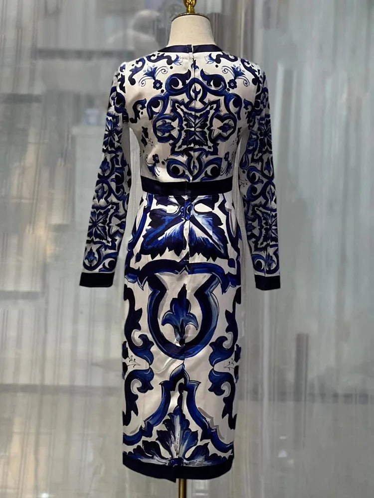 Luxury Designer Inspired Fashion Women Long Sleeve 100% Silk High Quality Midi Dress With Blue And White Porcelain Printed