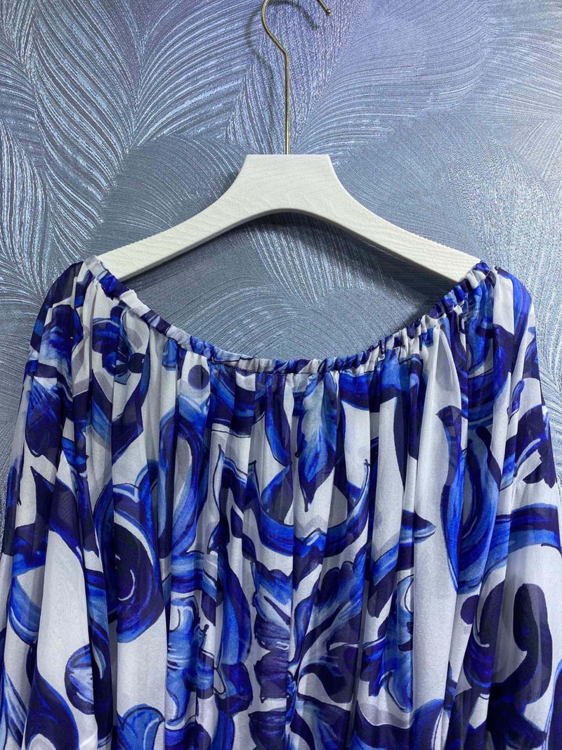 HIGH QUALITY Luxury Women's Silk Off-Shoulder Blue&White Porcelain Print Loose Blouse