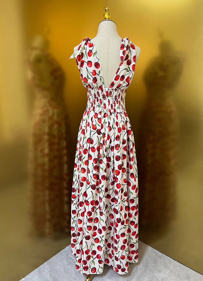 HIGH QUALITY Summer Holiday Women Cotton Maxi Dress With V-Neck Elastic Waist Cherry Print For Party