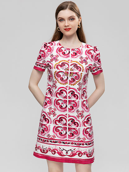 Summer Fashion Runway Vintage Loose Dress Women's O-Neck Short Sleeve Beading Diamond Print Buttock Covering Mini Dress