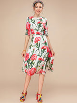 New Fashion Runway Summer Silk Dress Women Short sleeve High waist Flower Print Elegant Holiday Party Dress