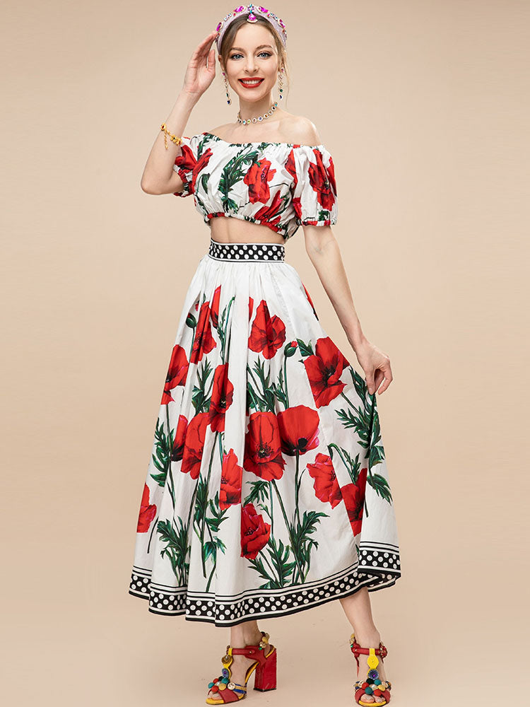 Summer Runway Fashion Cotton Skirts Women's Vacation Floral print Elegant Long Skirts