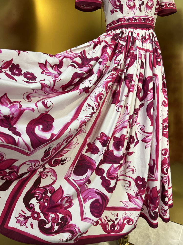 Designer Runway Inspired Summer Women's Cotton Midi Dress With Luxury Fashion Print Pattern