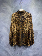 Luxury Designer Inspired Women's Brown Leopard Print Silk Blouse Shirt With Tie Autumn New Fashion 2023