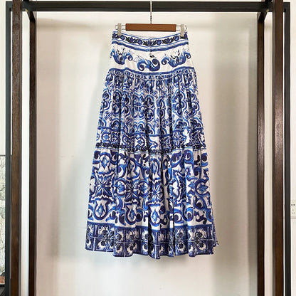 HIGH QUALITY Luxury Fashion Women Blue&White Porcelain Print Off Shoulder Top and Maxi Skirt Summer Set For Female