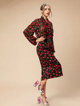 New Style Vintage Elegant Loose Set Women's Real Silk Spaghetti High Waist Fruit Print Ruffle Skirts Sets