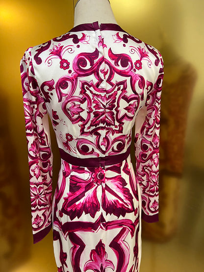 Fashion Designer Spring Summer Silk Pencil Dress Women O-Neck Long Sleeve Flowers Print Elegant Party Slim Dresses