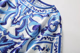 High Quality Summer Women Fashion Designer Blue and White Porcelain Print Shorts Sets Batwing Sleeve Tops + Shorts Suits
