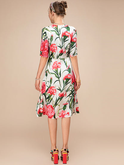 New Fashion Runway Summer Silk Dress Women Short sleeve High waist Flower Print Elegant Holiday Party Dress