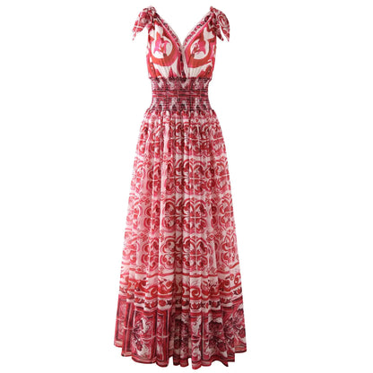 HIGH QUALITY Summer Holiday Women Maxi Dress With V-Neck Elastic Waist Blue And Porcelain Print For Party