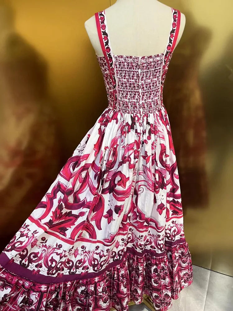 Women Cotton Midi Dress Spaghetti Strap Printing High Waist Big Swing Dresses