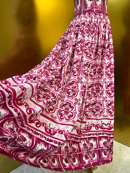 Fashion Designer Spring Summer Cotton Dress Women V-Neck Sleeveless Bow Flowers Print Vintage Elastic Waist Dresses