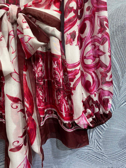 High Quality Luxury Women Porcelain Print Belted 100% Silk Blouse In Red Big Size Runway Fashion