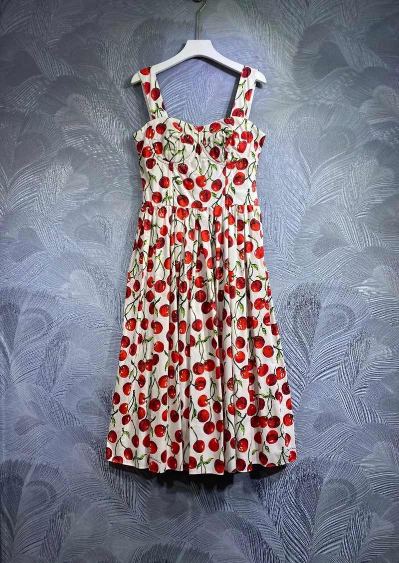 Fashion Designer Summer High Quality Cotton Women Bustier Cherry Print Midi Dress With Spaghetti Strap For Party Vacation