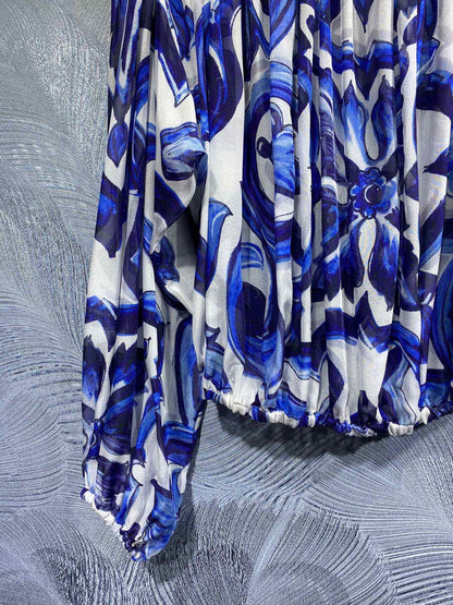 HIGH QUALITY Luxury Women's Silk Off-Shoulder Blue&White Porcelain Print Loose Blouse