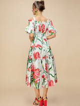 Summer Fashion Long Cotton Dress Women Slase neck Elastic waist Floral Print Holiday Elegant Dress