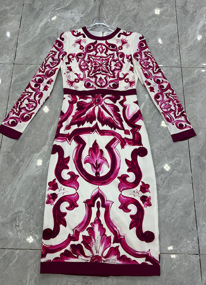 Summer Fashion Designer Vintage Cotton Dress Women O-neck Safflower Porcelain Printing Package Buttocks Slim Midi Dres