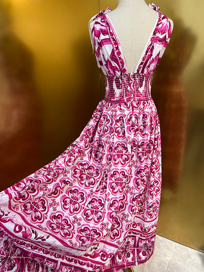 Fashion Designer Spring Summer Cotton Dress Women V-Neck Sleeveless Bow Flowers Print Vintage Elastic Waist Dresses