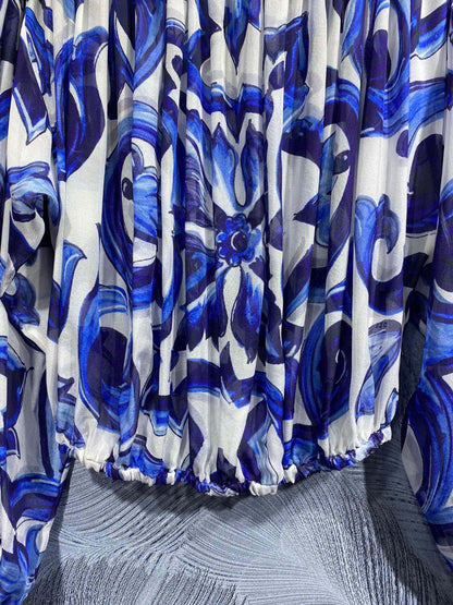 HIGH QUALITY Luxury Women's Silk Off-Shoulder Blue&White Porcelain Print Loose Blouse