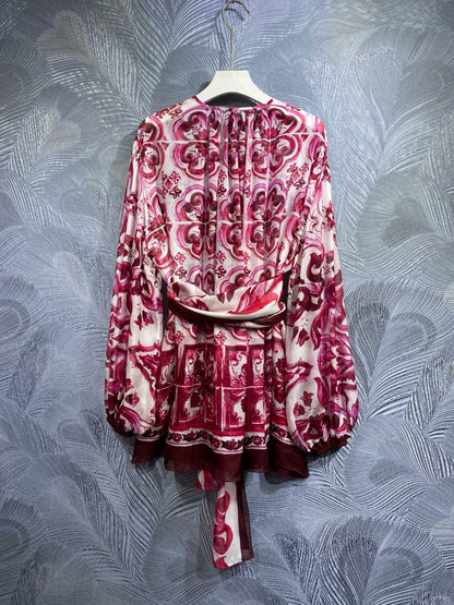 High Quality Luxury Women Porcelain Print Belted 100% Silk Blouse In Red Big Size Runway Fashion