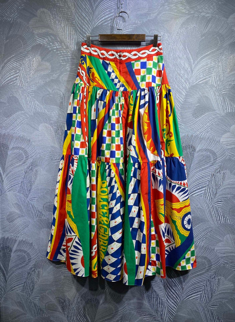 Italy Stylish Women Printed Cotton Bustier Top And Long Maxi Skirt In Multicolor
