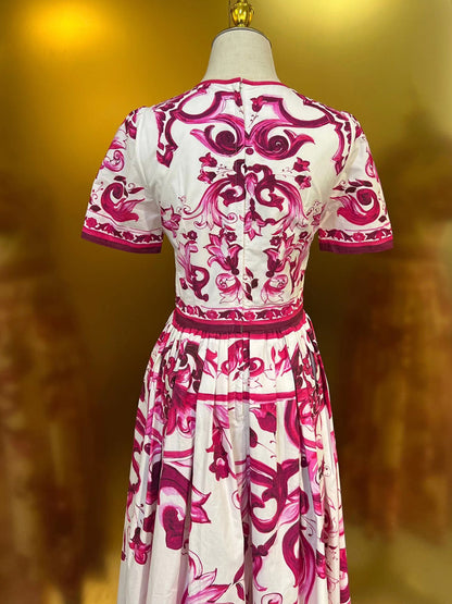 Designer Runway Inspired Summer Women's Cotton Midi Dress With Luxury Fashion Print Pattern