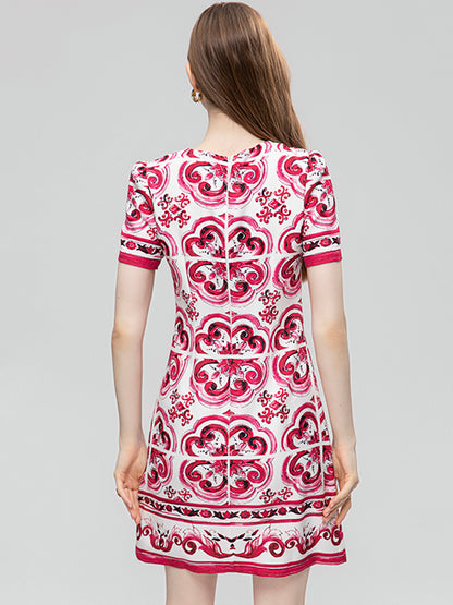 Summer Fashion Runway Vintage Loose Dress Women's O-Neck Short Sleeve Beading Diamond Print Buttock Covering Mini Dress