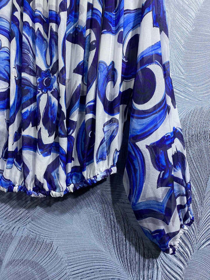 HIGH QUALITY Luxury Women's Silk Off-Shoulder Blue&White Porcelain Print Loose Blouse