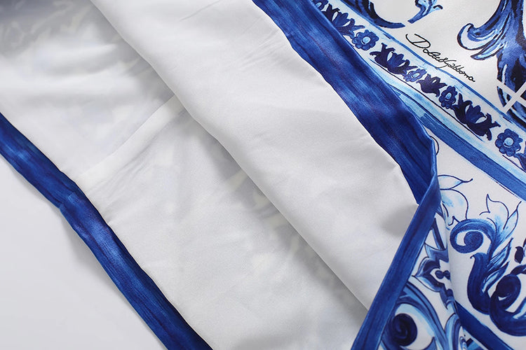 High Quality Summer Women Fahion Designer Midi Dress Long Sleeve Blue And White Porcelain Printed Elegant Pencil Dresses