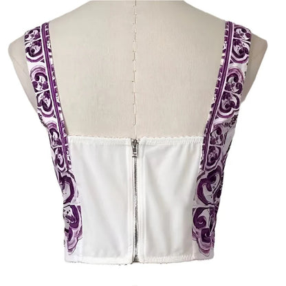 Italian Luxury Purple "Majolica Inspired" Print 100% Cotton Top – Elegant Women’s Designer-Inspired Fashion