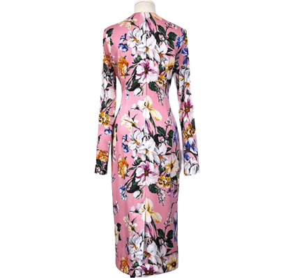 Italian Designer Magnolia Print 100% Silk Long Sleeve Midi Dress – Elegant Women’s Luxury Fashion
