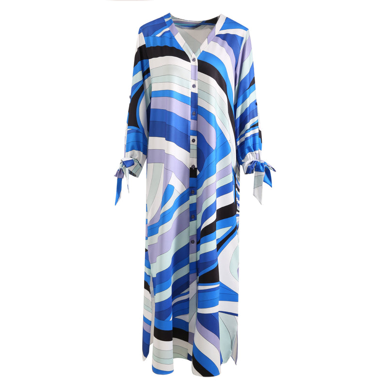 Designer Inspired Women Kaftan Dress Blue Maxi Dress In Jessy Silk