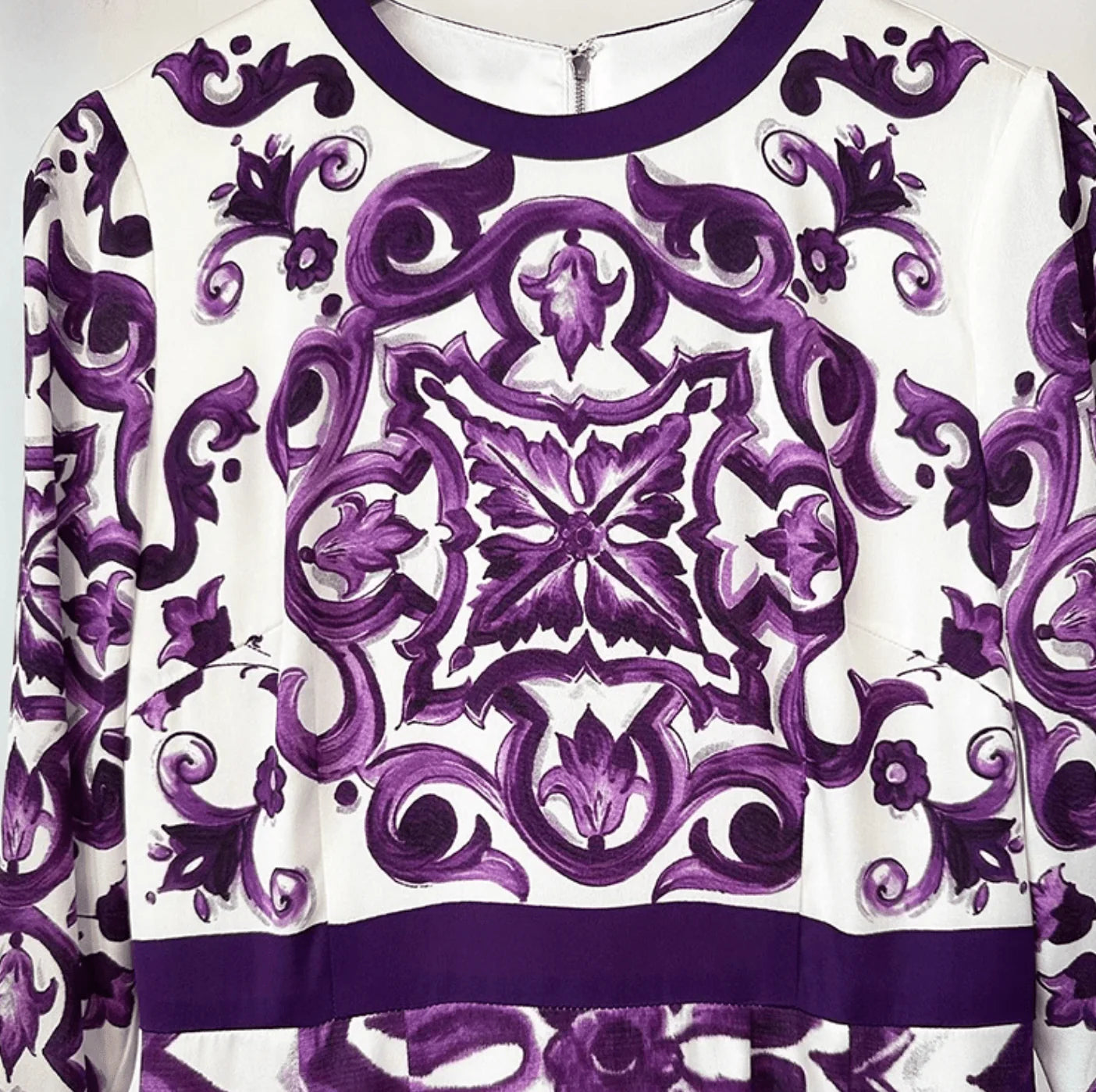 Italian Luxury Purple Majolica-Inspired Print 100% Silk Midi Dress for Women