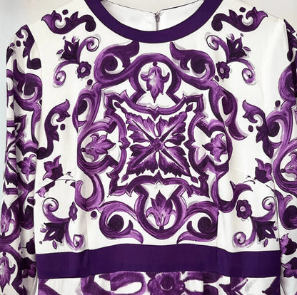 Italian Luxury Purple Majolica-Inspired Print 100% Silk Midi Dress for Women