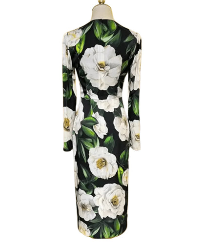 Italian Luxury Designer White Roses Print Long Sleeve 100% Silk Midi Dress – Elegant Women's Spring Summer Dress