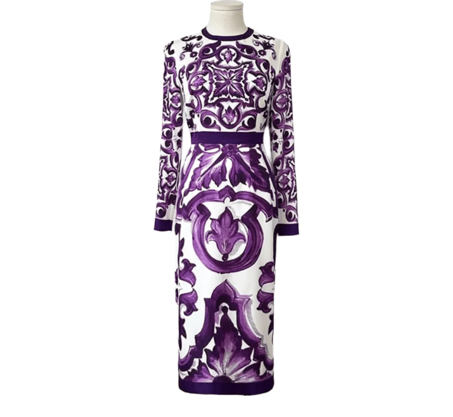 Italian Luxury Purple Majolica-Inspired Print 100% Silk Midi Dress for Women