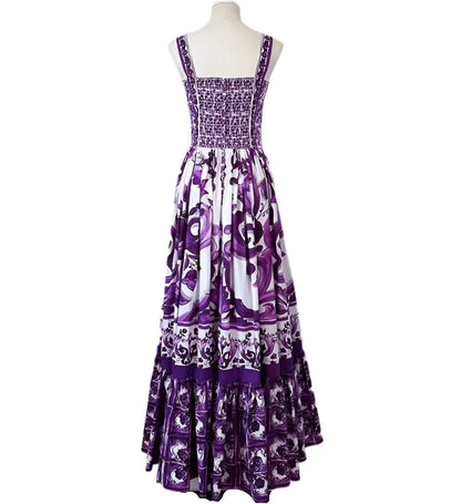 Italian Purple “Majolica-Inspired” Tile Print 100% Cotton Sleeveless Maxi Dress – Elegant Summer Vacation Women’s Dress