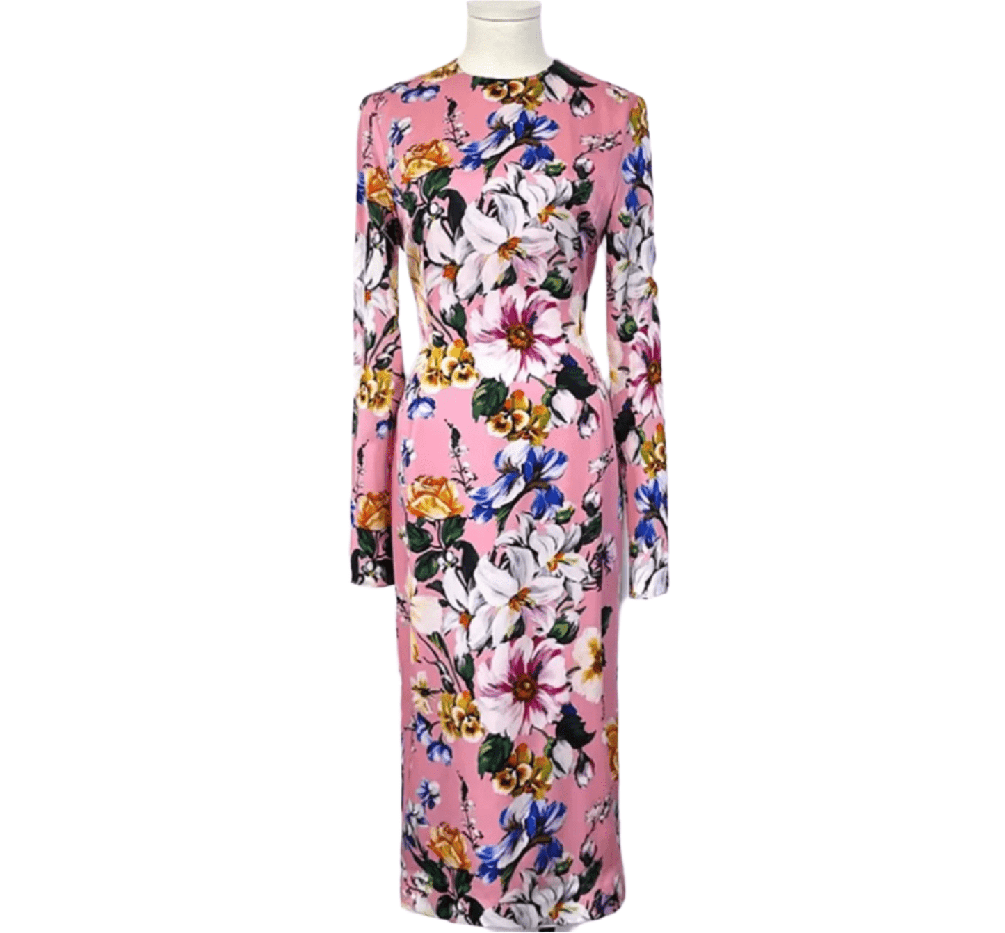 Italian Designer Magnolia Print 100% Silk Long Sleeve Midi Dress – Elegant Women’s Luxury Fashion