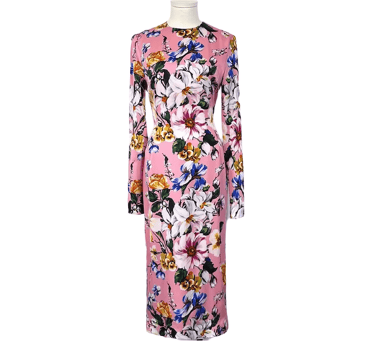 Italian Designer Magnolia Print 100% Silk Long Sleeve Midi Dress – Elegant Women’s Luxury Fashion