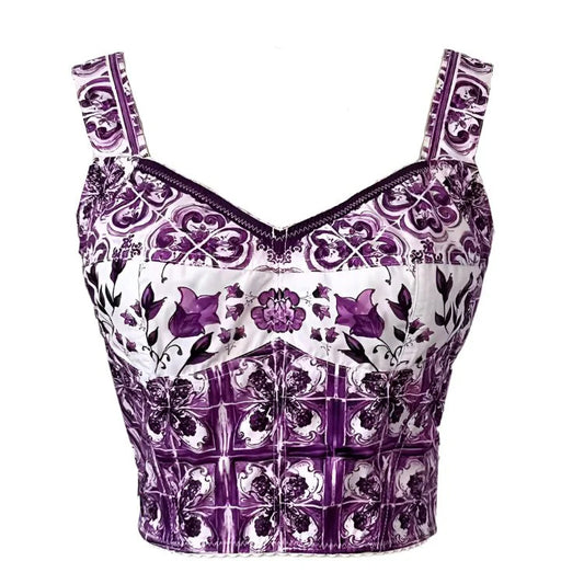 Italian Luxury Purple "Majolica Inspired" Print 100% Cotton Top – Elegant Women’s Designer-Inspired Fashion