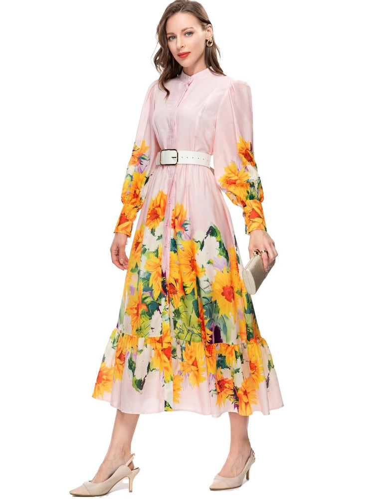 Women Elegant Sunflower Printed Pink Midi Dress with Lantern Sleeve Sashes Slim