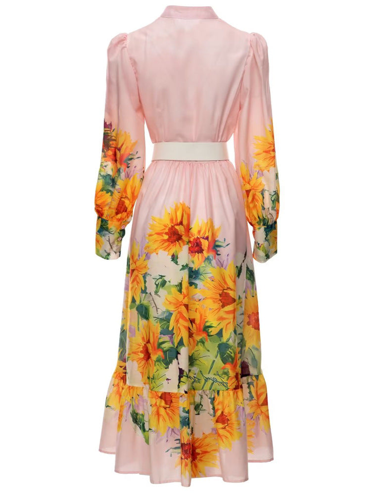 Women Elegant Sunflower Printed Pink Midi Dress with Lantern Sleeve Sashes Slim
