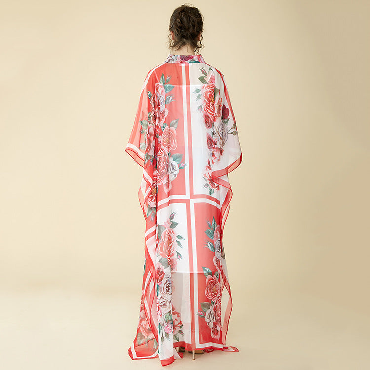 Bohemia Chiffon Long Floral Print Maxi Dress Loose Kaftan Dresses With Rose Print