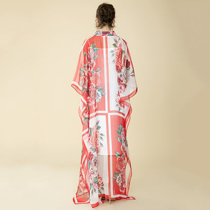 Bohemia Chiffon Long Floral Print Maxi Dress Loose Kaftan Dresses With Rose Print
