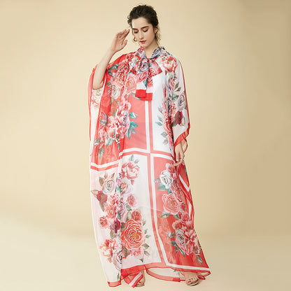Bohemia Chiffon Long Floral Print Maxi Dress Loose Kaftan Dresses With Rose Print