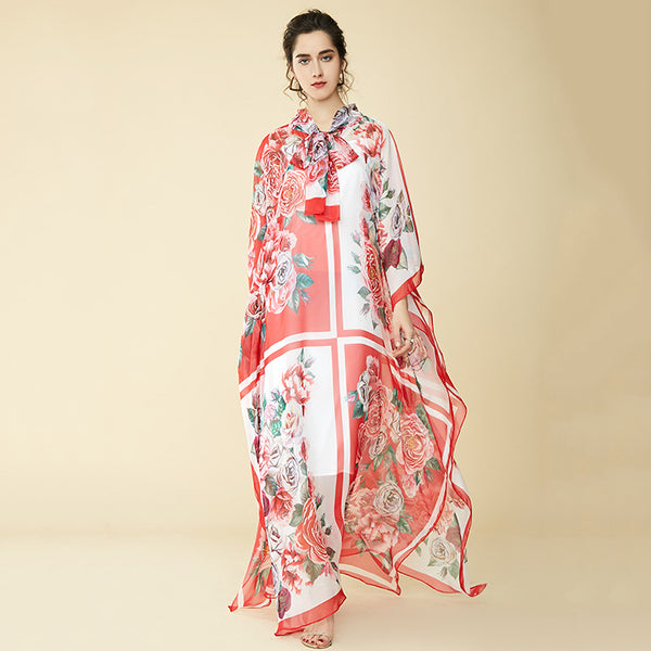 Bohemia Chiffon Long Floral Print Maxi Dress Loose Kaftan Dresses With Rose Print